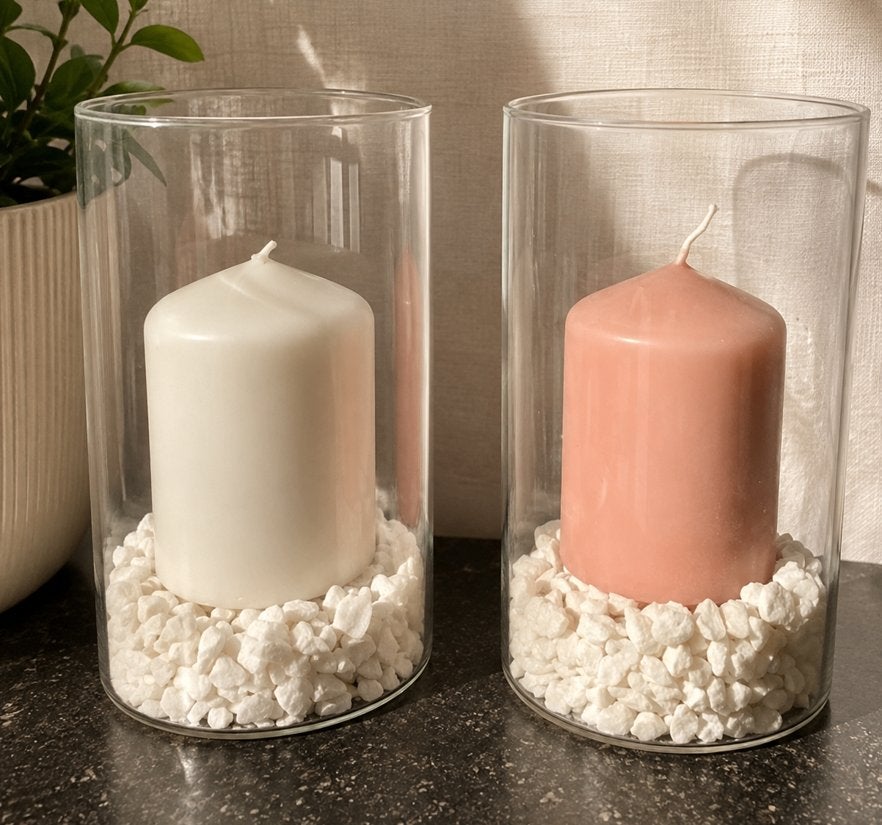 Set 2 glazen windlichten met Bolsius kaarsen – wit & roze, Meerkleurig, Overige merken, Ophalen of Verzenden, Kaars