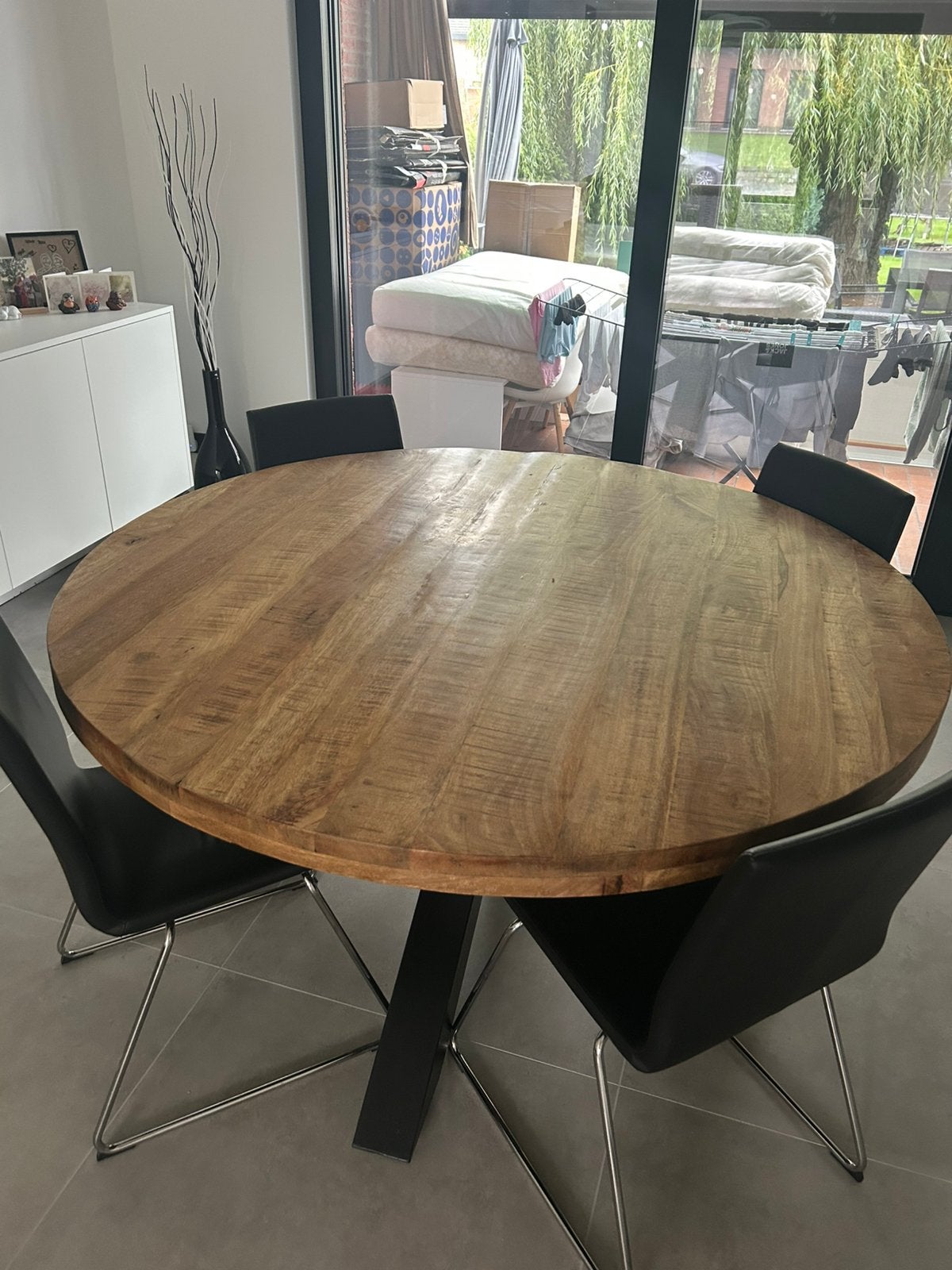 Ronde mango eettafel 150cm, Ophalen, Mangohout, 150 tot 200 cm, Rond