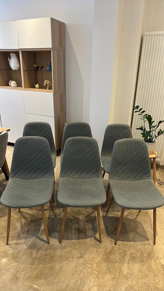 Set van 6 stoelen in blauw/eikenhouten stof, Huis en Inrichting, Stoelen, Ophalen, Zo goed als nieuw, Blauw, Metaal