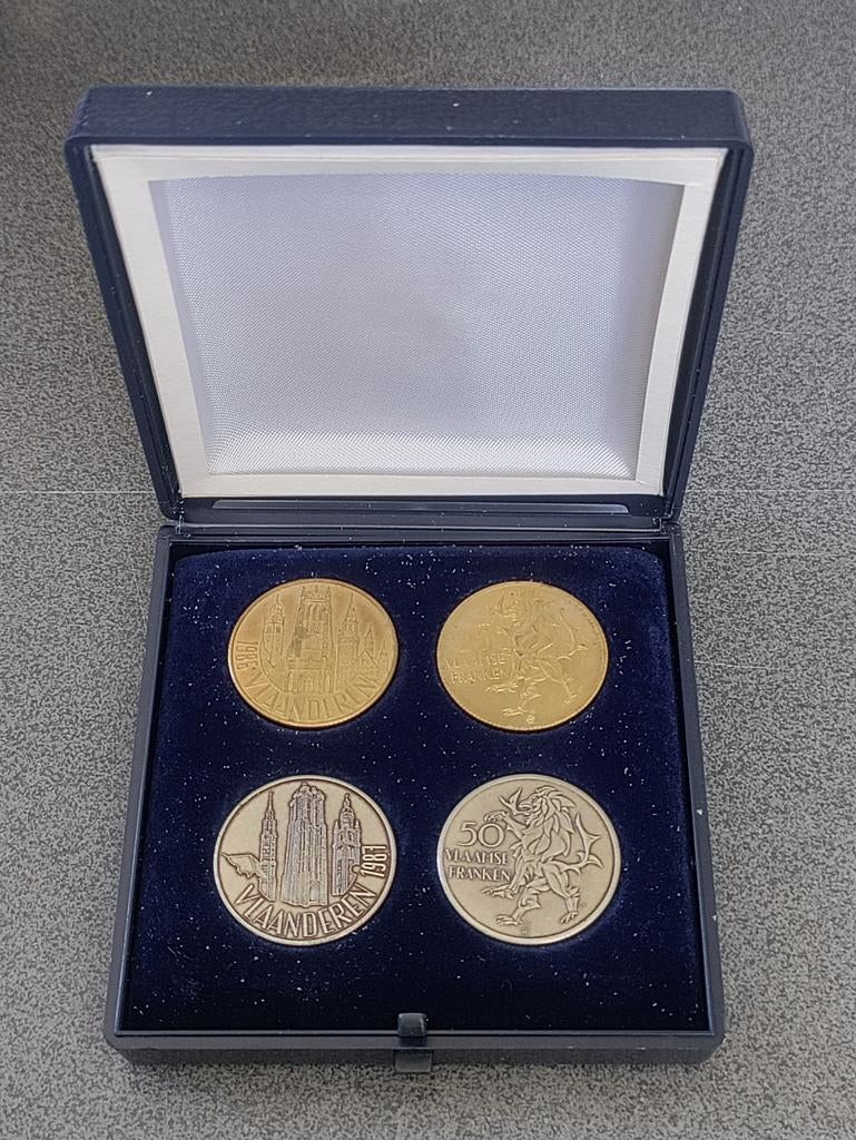 Boîte de 4 francs flamands 25 et 50 en métal 1986/87, Enlèvement ou Envoi