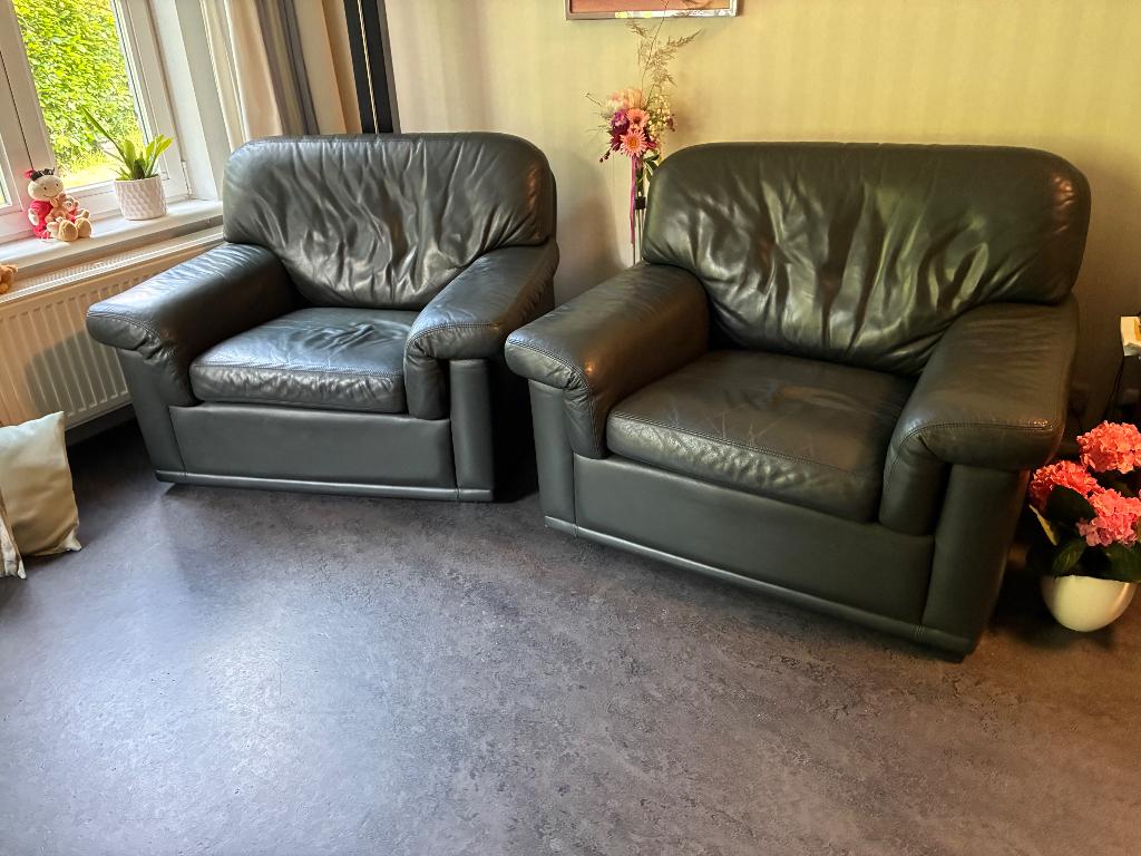 2 lederen zetels, Huis en Inrichting, Ophalen, Gebruikt, Rechte bank, Leer