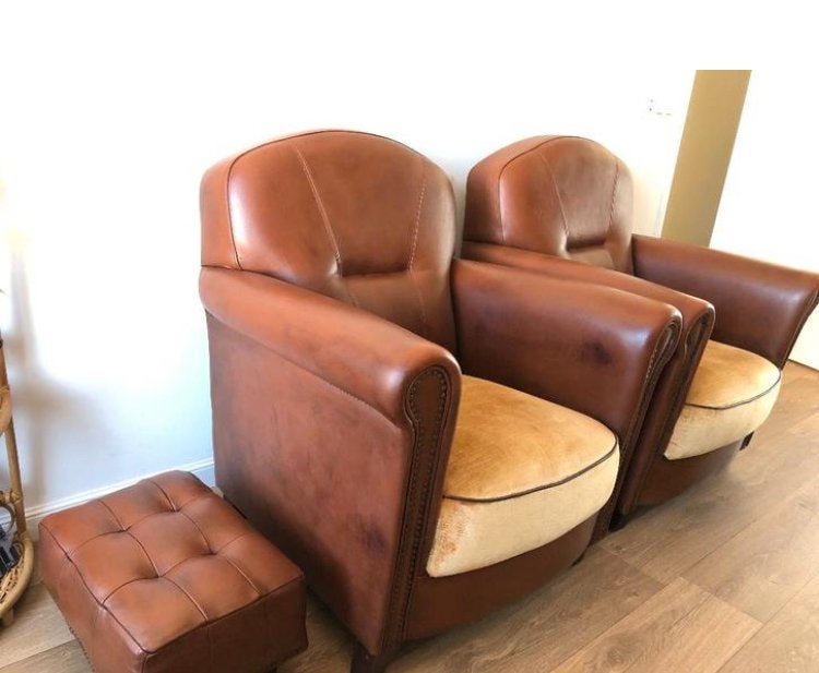 KOOPJE! Twee Joris Design Schapenleren Fauteuils mét Poefjes, Ophalen, Gebruikt, Minder dan 75 cm, Leer