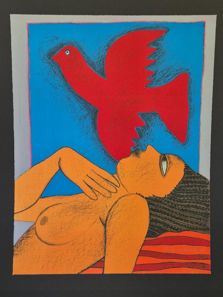 Litho Corneille L'Oiseau Rouge 1995, Antiek en Kunst, Ophalen