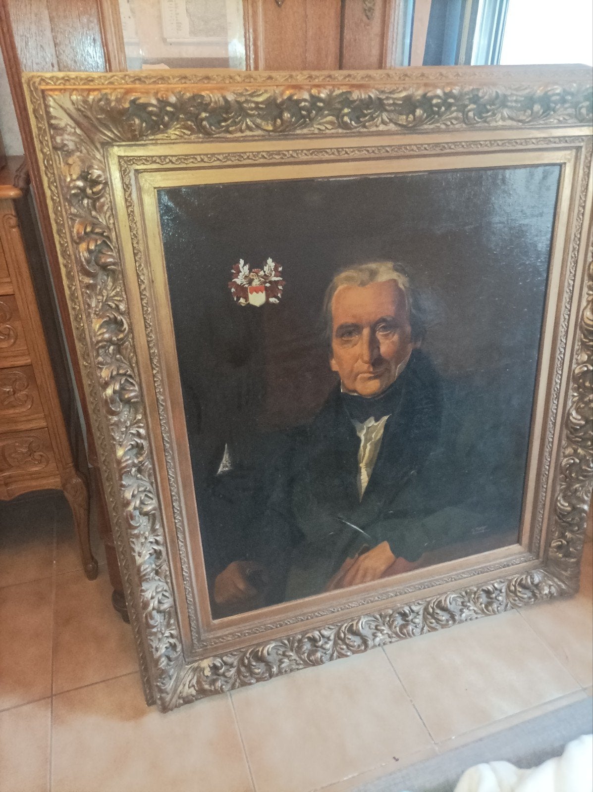 Groot portret op doek in olieverf. Met restauratie werk., Antiek en Kunst, Ophalen