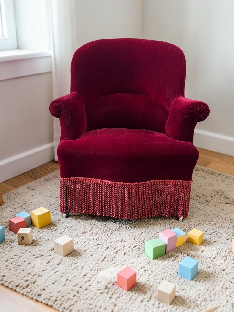 vintage mini wijnrode fauteuil / kinderstoeltje met franjes, Ophalen