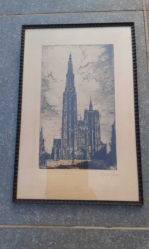 Gravure de la cath. d'Anvers, L. Henderyckx, unique, 1937, Antiquités & Art, Enlèvement ou Envoi, Dessin, Encadré, Paysage urbain / rural