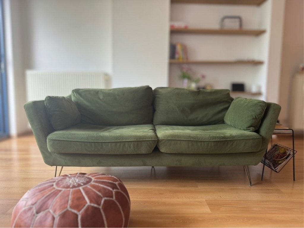 Olijfgroene fluwelen 3-zits zetel, Ophalen, Gebruikt, 150 tot 200 cm, Driepersoons