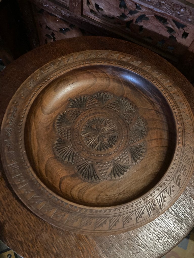 Handgesneden Houten Schaal met Volkskunst Mandala 28cm, Ophalen of Verzenden