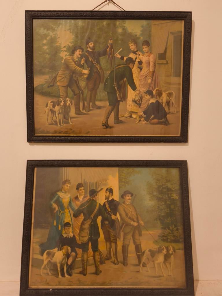 Paire de tableaux anciens scènes de chasse encadrés, Antiquités & Art, Enlèvement