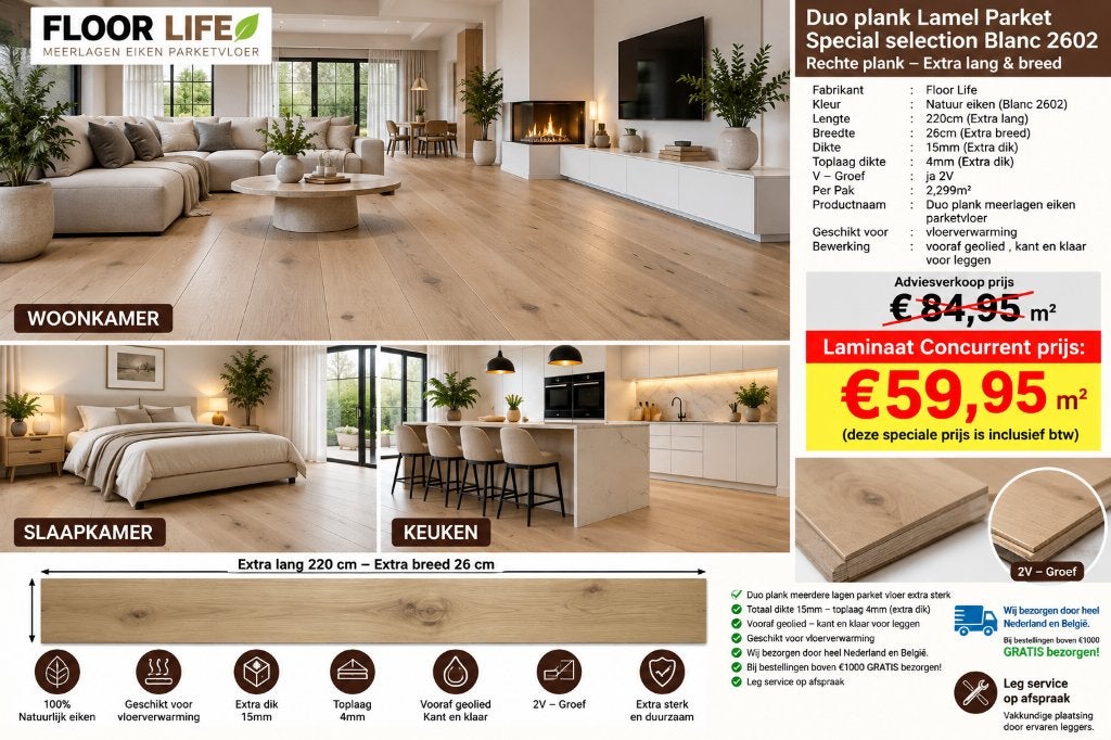 Duo plank Lamel Parket Special selection Blanc geolied 2602, Huis en Inrichting, Parket, Bruin, 75 m² of meer, Nieuw
