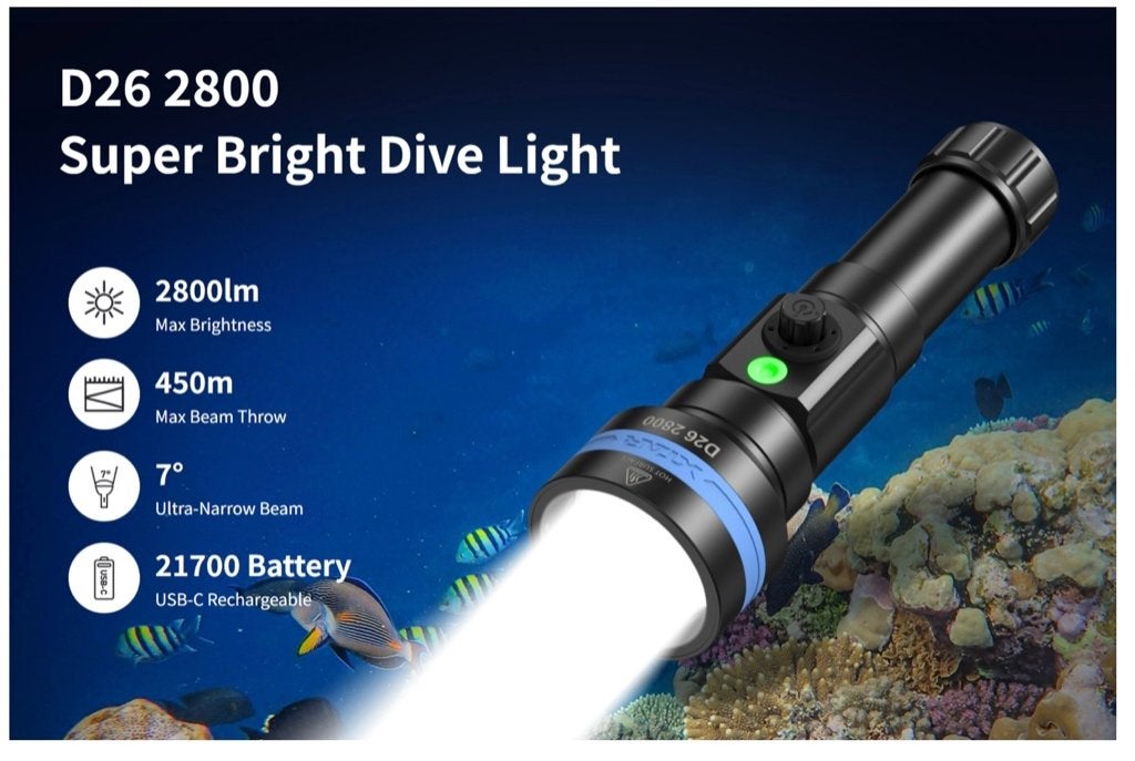 Compacte Duiklamp 2800 Lumen “ XTAR D26 “ nieuw 159,95€, Watersport en Boten, Ophalen of Verzenden, Nieuw, Duiklamp