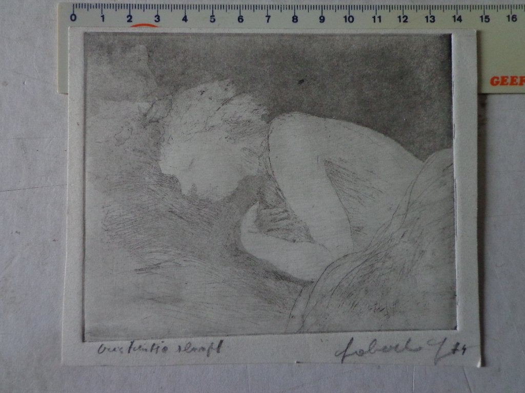 zeer gevoelige ets Johan Gobert "Cristientje slaapt" 1974, Eau-forte, Enlèvement ou Envoi, 1950 - 1999, Signé