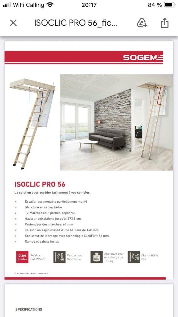 Escalier escamotable sogem isoclic pro 56 NEUF, Bricolage & Construction, Neuf, 2 à 4 mètres, Pliable ou rétractable/escamotable