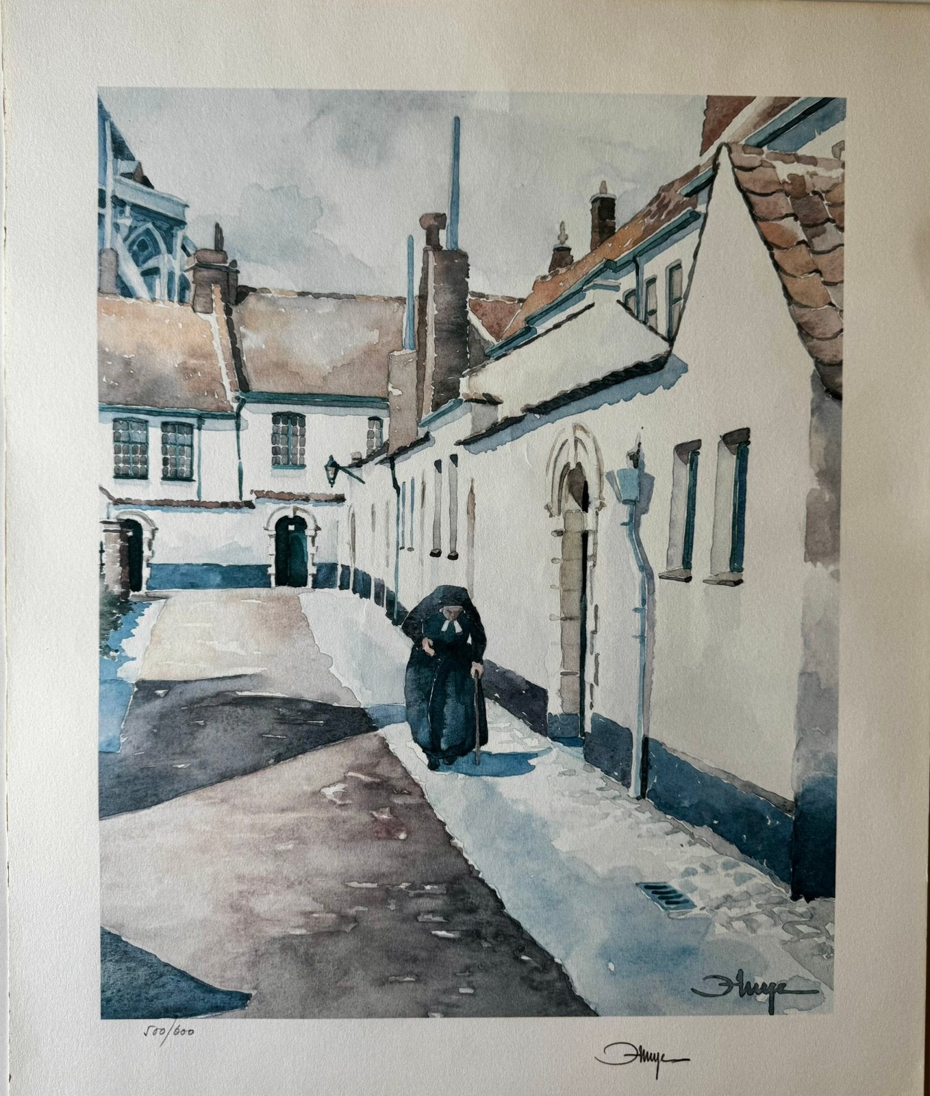 Genummerde lithografie - Aquarel Begijnhof van Kortrijk (B), Antiek en Kunst, Kunst | Schilderijen | Klassiek, Achter glas, Ophalen of Verzenden