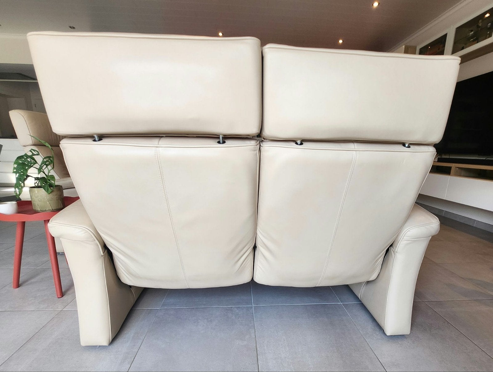 Beige lederen zetel / 3-zit & 2-zit, Huis en Inrichting, Ophalen, Gebruikt, Leer, Rechte bank