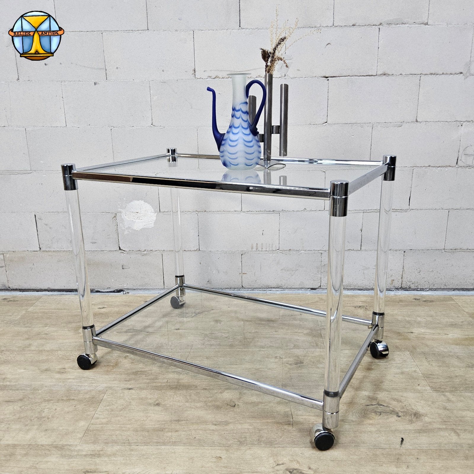 Vintage glazen en chromen drankwagen / theewagen / sidetable, Ophalen of Verzenden