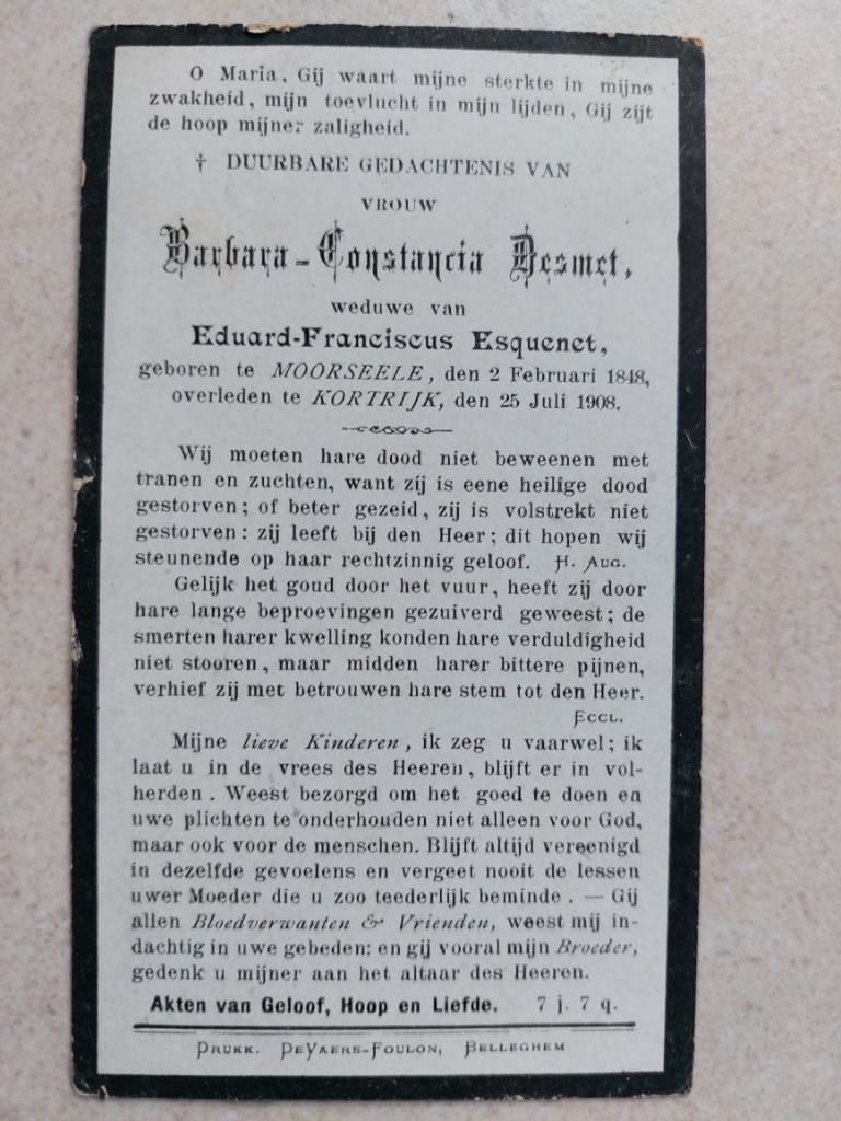 oud doodsprentje Moorsele/Kortrijk 1908, Verzamelen, Verzenden