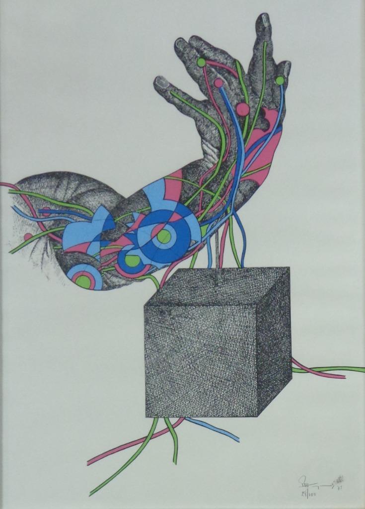 PAUL VAN HOEYDONCK / ROBOTHAND / KLEURLITHO / 71x51cm KADER, Enlèvement