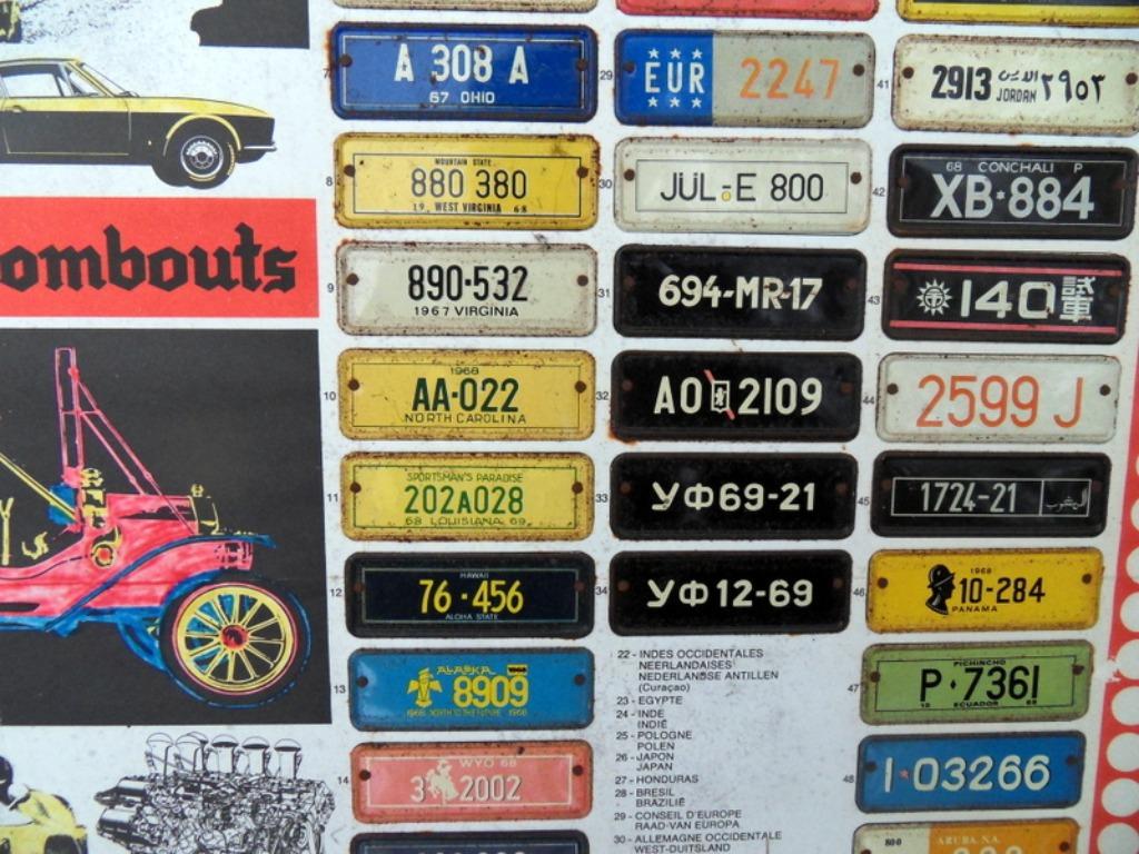 Vintage verzameling autonummerplaatjes op bord 1968, Ophalen, Zo goed als nieuw, Auto's
