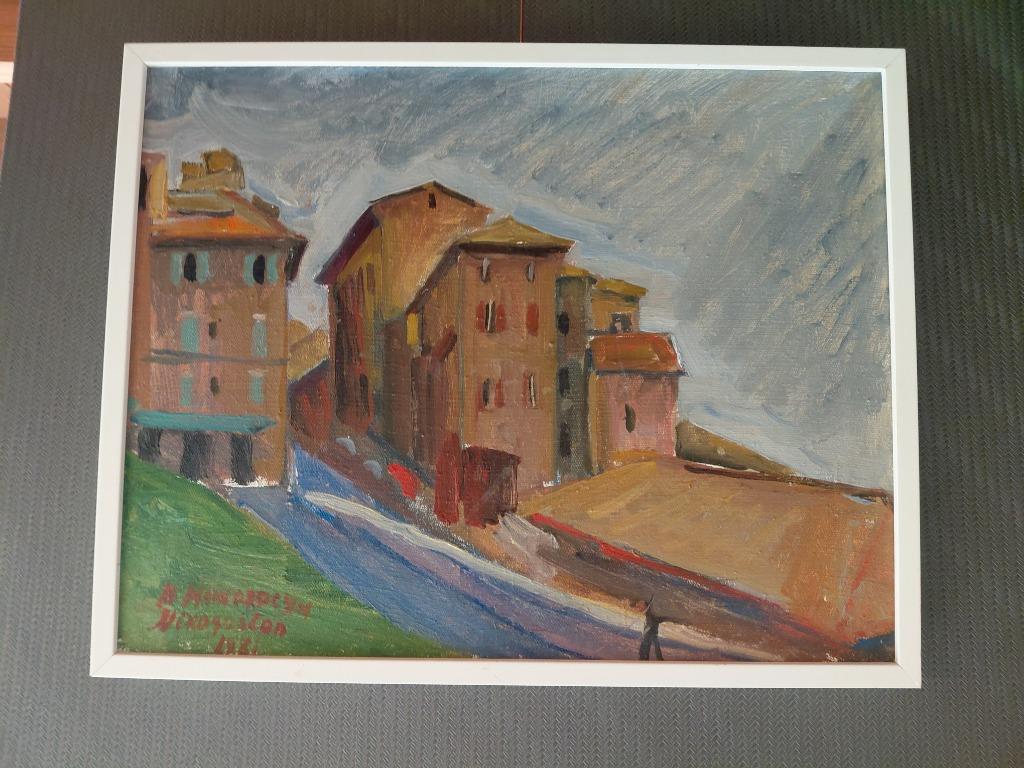 GESIGNEERD ITALIAANS OLIEVERFSCHILDERIJ UIT HET MIDDEN VAN D, Envoi