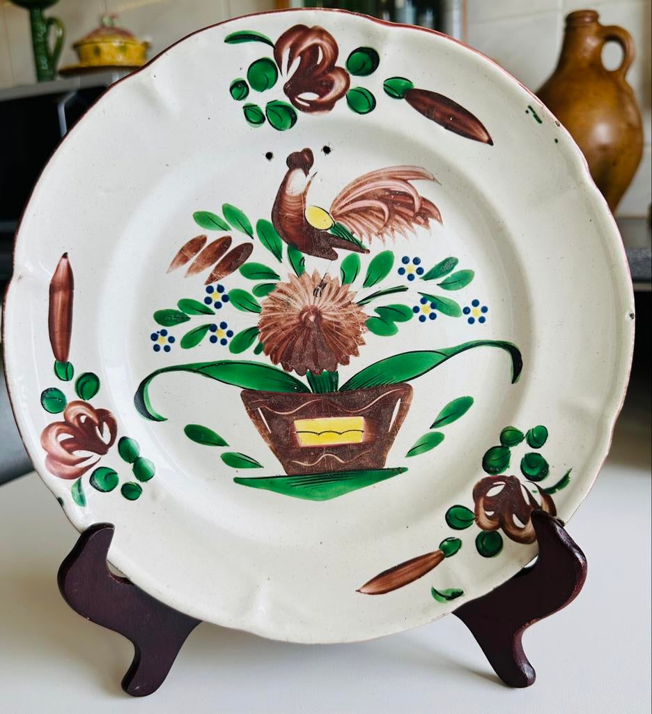 Assiette au coq, faïence de l Est, 18eme s, Antiquités & Art
