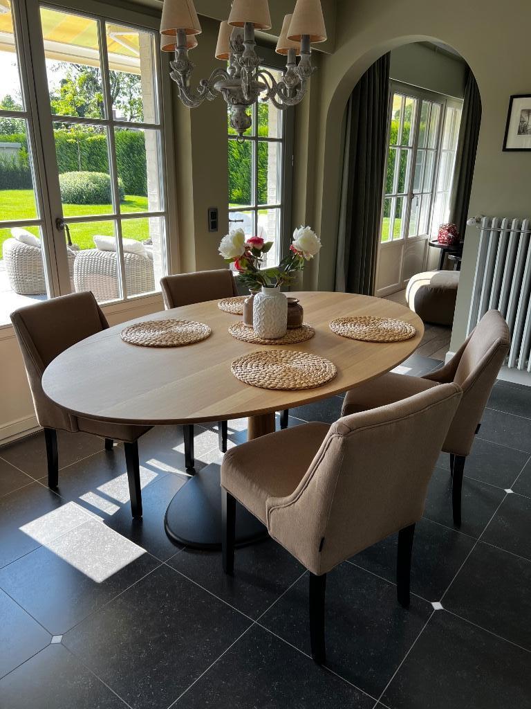 4 chaises de salle à manger en tissu beige avec pieds en boi, Neuf, Info@merckaertinterieur.be, Landelijk modern, Enlèvement ou Envoi