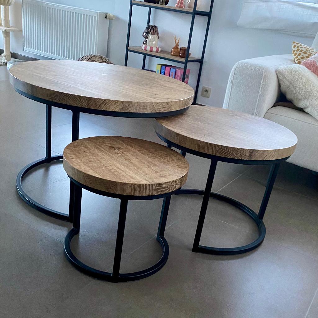 Set van 3 salontafels, Métal, Rond, 50 à 100 cm, Comme neuf