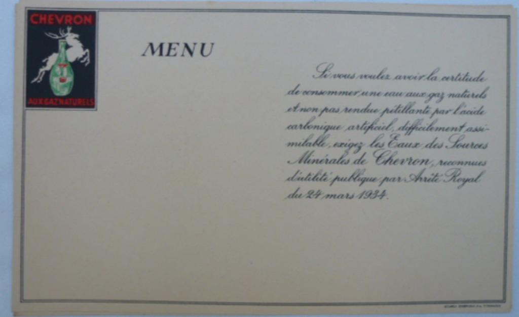 Carte de menu Chevron 21 cm x 13 cm Carte ancienne, Collections, Enlèvement ou Envoi, Comme neuf, Ustensile