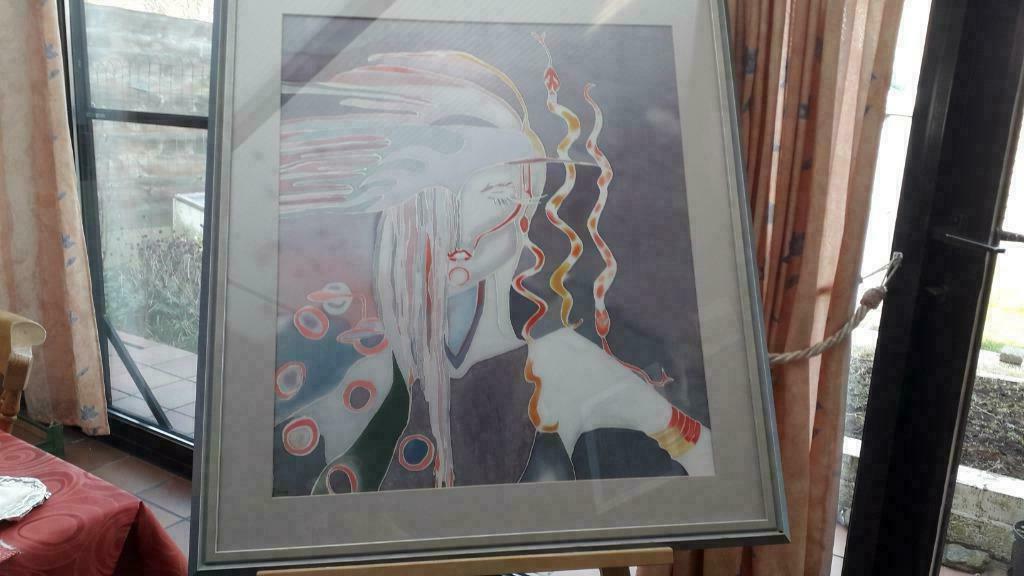 schilderij op zijde ingekaderd., Antiek en Kunst, Kunst | Schilderijen | Klassiek, Ophalen