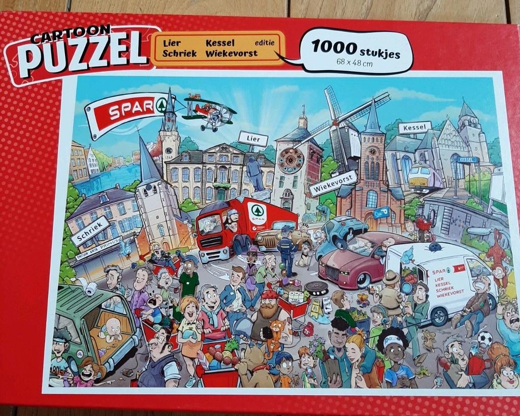 Cartoonpuzzel 1000 SPAR Lier, Kessel, Schriek en Wiekevorst, Ophalen, 500 t/m 1500 stukjes, Zo goed als nieuw, Legpuzzel