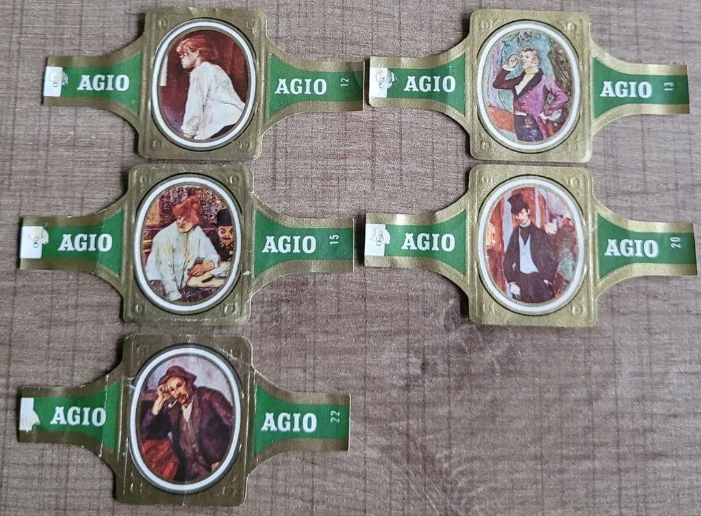5 oude sigarenbandjes: Impressionisten (groen), Ophalen of Verzenden, Gebruikt, Sigarenbandjes