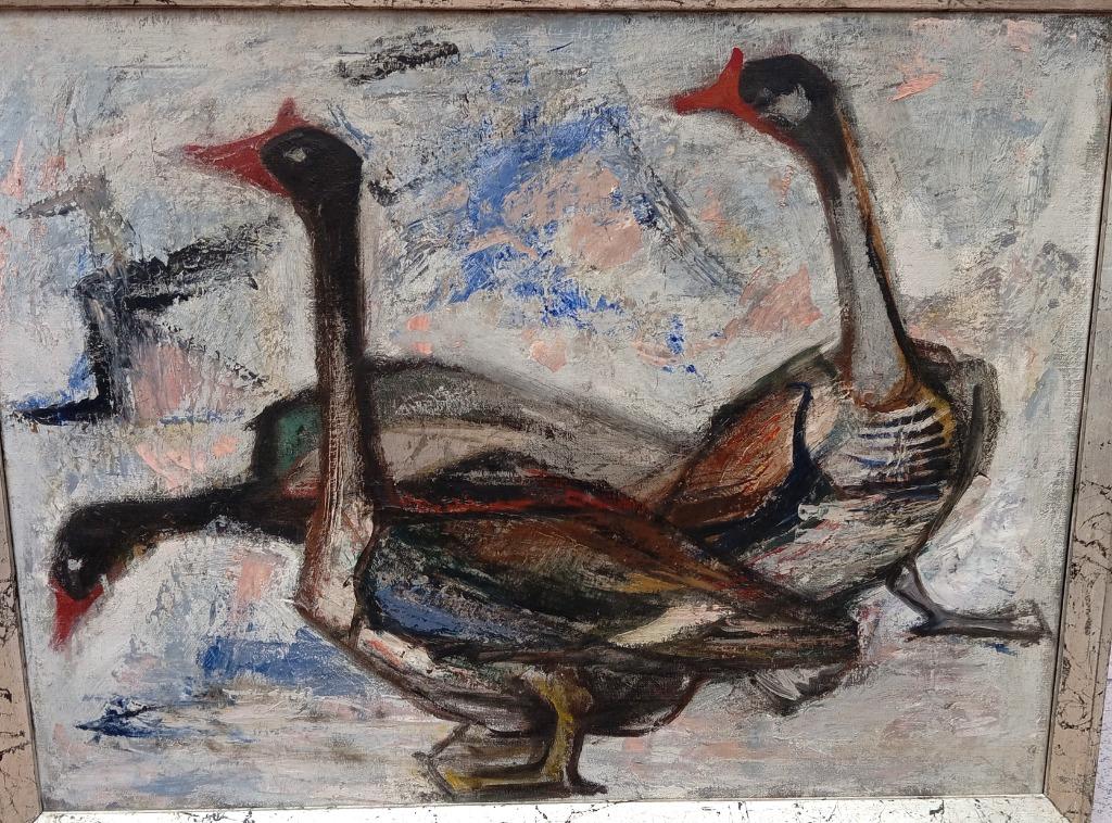 peinture ancienne oies style cobra, Enlèvement ou Envoi