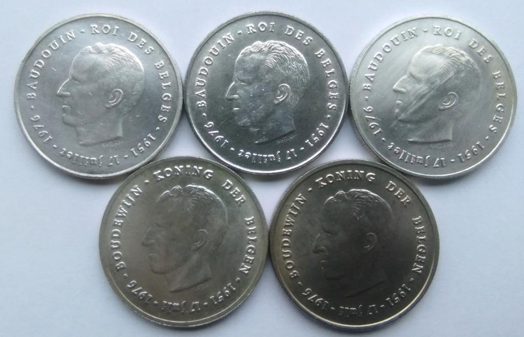 5 x 250 fr belgie 1976 25 ans de Boudewijn 1 (83,5% d'argent, Enlèvement ou Envoi, Argent, Série, Argent