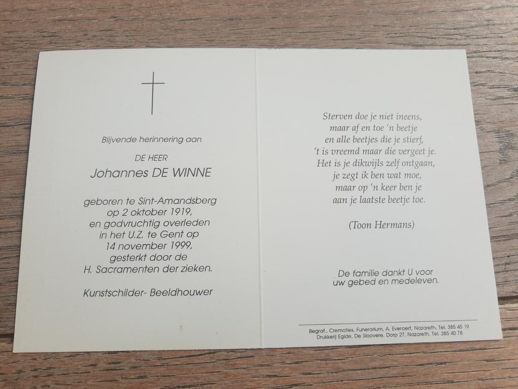 Bp Johannes De Winne, kunstschilder/beeldhouwer, 1919-1999, Verzamelen, Bidprentjes en Rouwkaarten, Ophalen of Verzenden