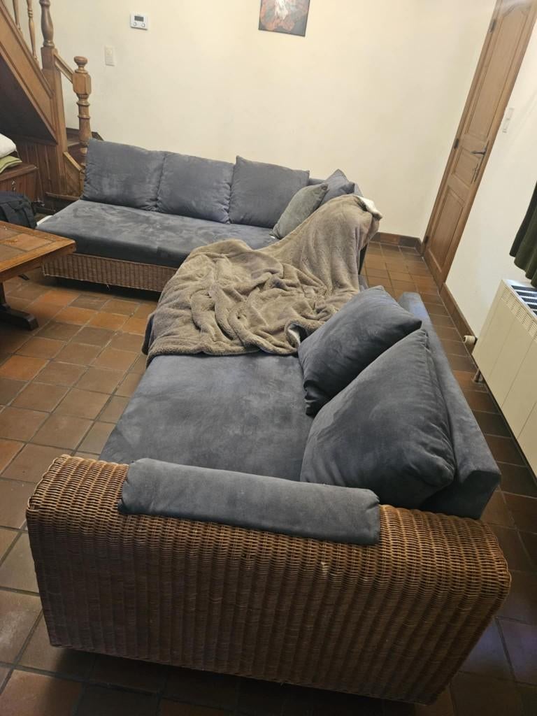 Rieten stoffen hoekzetel, 6 zitplaatsen - goede staat, Huis en Inrichting, Zetels | Zetels, Ophalen, Hoekbank, 300 cm of meer