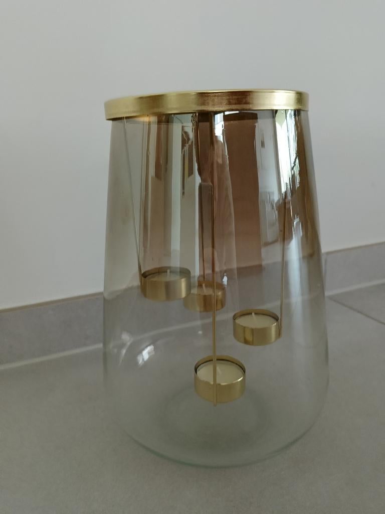 Theelichthouder/vaas in getint glas met goud accenten, Blanc, 25 à 50 cm, Comme neuf, Enlèvement