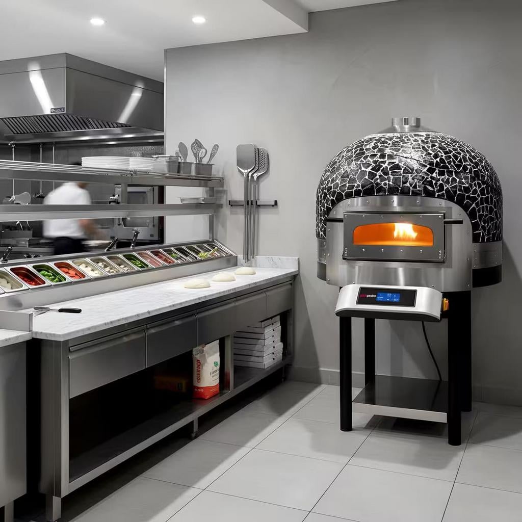 GGM GASTRO Electric pizza oven with a rotating lid..