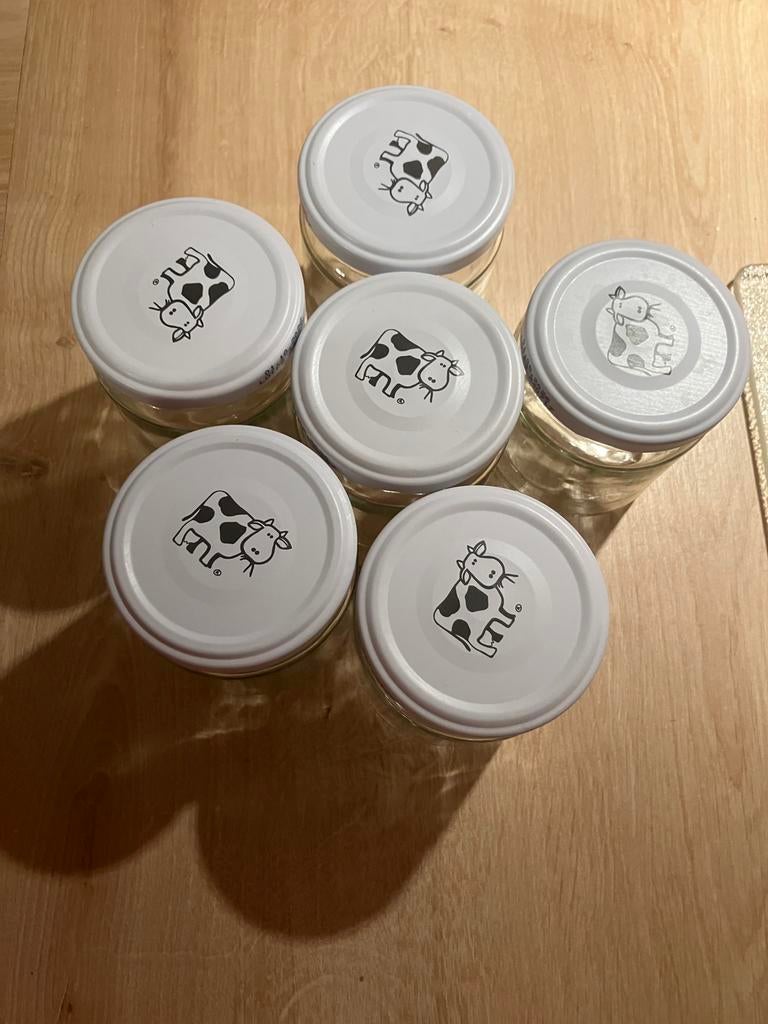 Lot de 6 pots vache (yaourt, desserts, confiture, tapenade…), Enlèvement, Utilisé, Verre, Récipient(s)