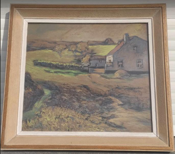 pastel paysage avec maison signe paul cauchie, Ophalen of Verzenden