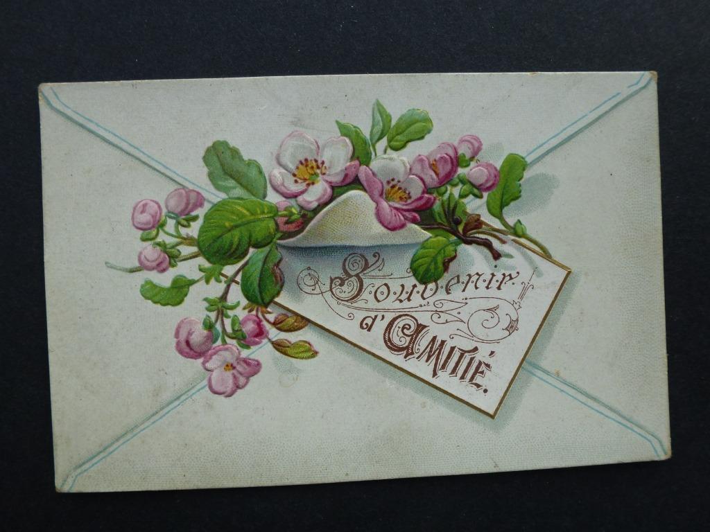 carte postale très ancienne Souvenir d'amitié fleurs décrite, Enlèvement ou Envoi, Affranchie, (Jour de) Fête