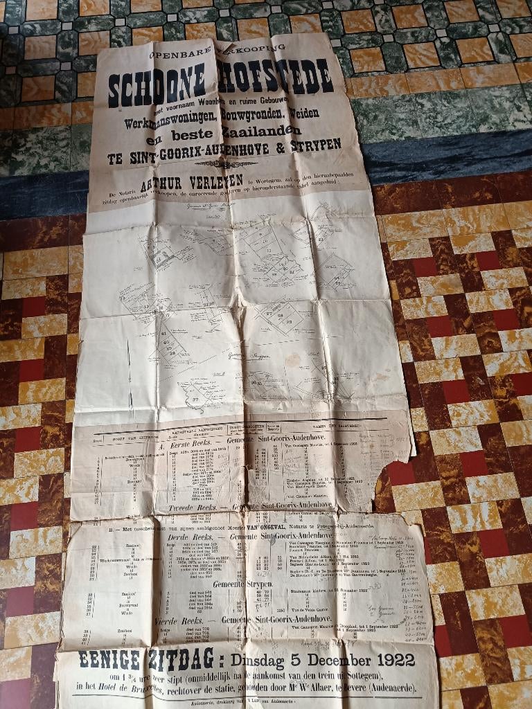 oude verkoopaffiche 1922 Sint-Goorik Audenhove Strijpen, Ophalen of Verzenden, Gelezen
