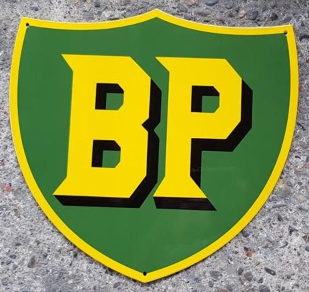 BP zwaar emaillen retro reclame decoratie borden garage USA, Verzamelen, Ophalen of Verzenden, Zo goed als nieuw, Reclamebord