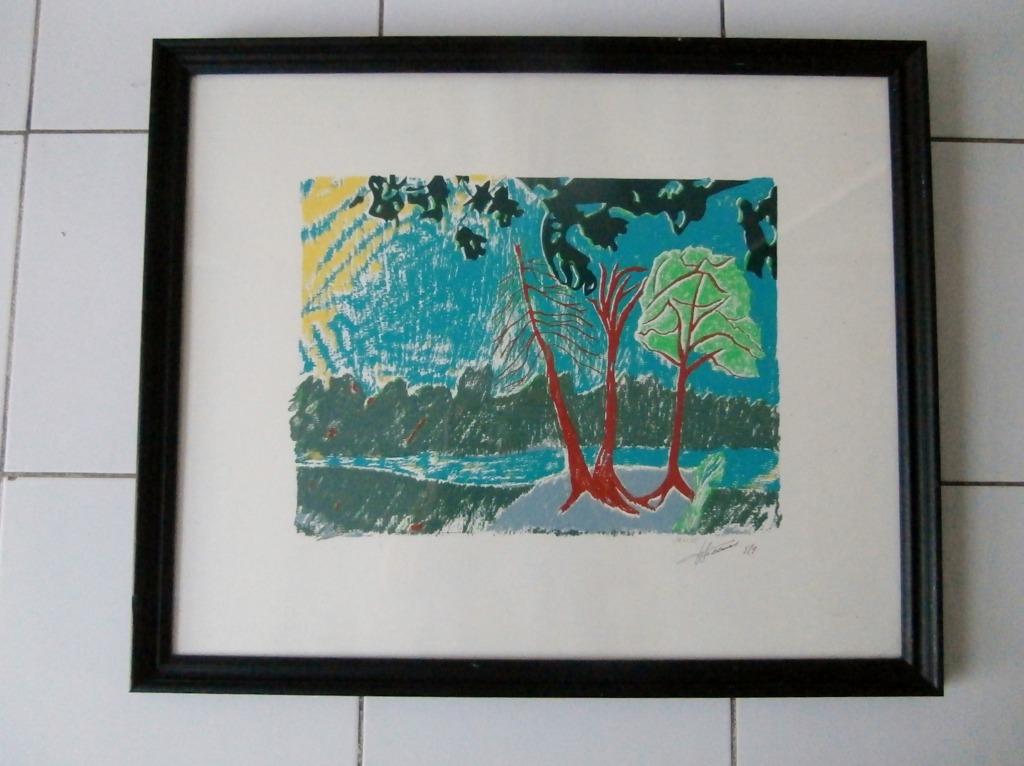 Gekleurde zeefdruk van Fr. Leemans " Bos landschap " 1985, Antiek en Kunst, Ophalen of Verzenden