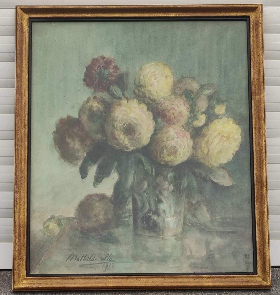 Aquarelle fleurs signe Mathilde lea, Antiquités & Art, Enlèvement ou Envoi