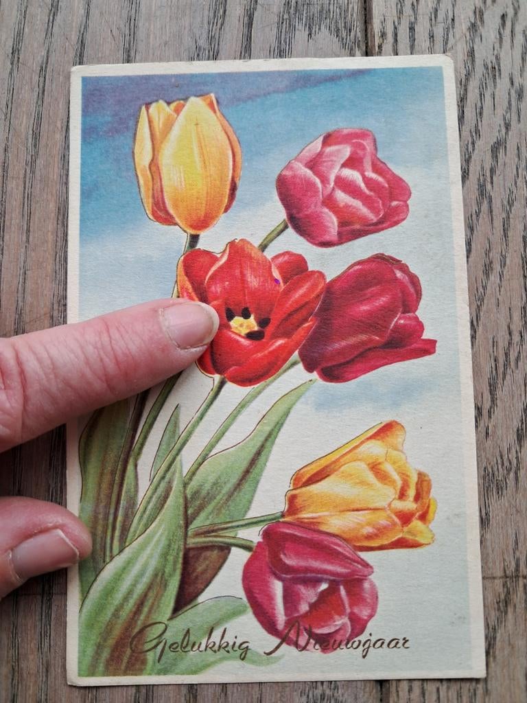 Carte de Nouvel An avec description rétro avec tulipes, Enlèvement ou Envoi