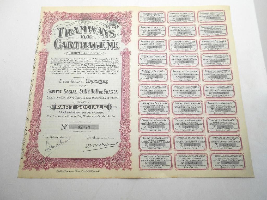 part sociale "Tramways de Carthagene " 1928, Postzegels en Munten, Aandelen en Waardepapieren, Ophalen of Verzenden, Overige typen