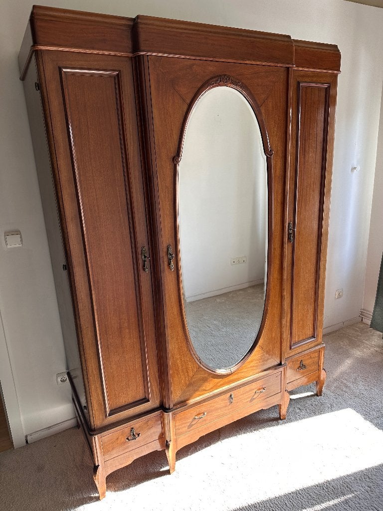 Antieke kleerkast met spiegel, Huis en Inrichting, Gebruikt, 150 tot 200 cm, Met lade(s), 150 tot 200 cm