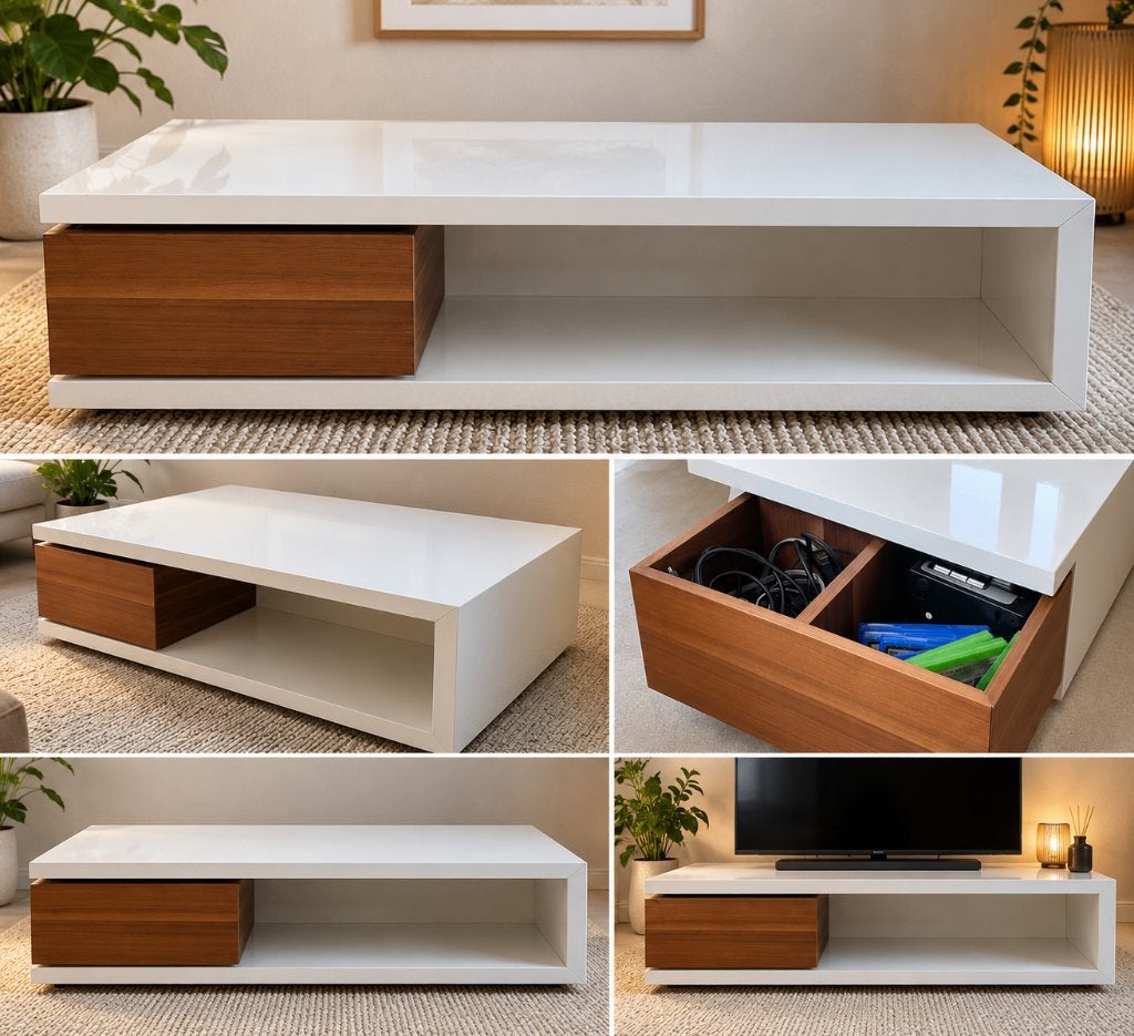 Meuble TV / Table basse design – Blanc laqué et bois, Moins de 100 cm, 100 à 150 cm, Enlèvement, Utilisé