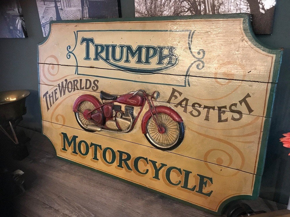 triumph the worlds fastes motorcycle houten bord  90x55cm, Verzamelen, Ophalen