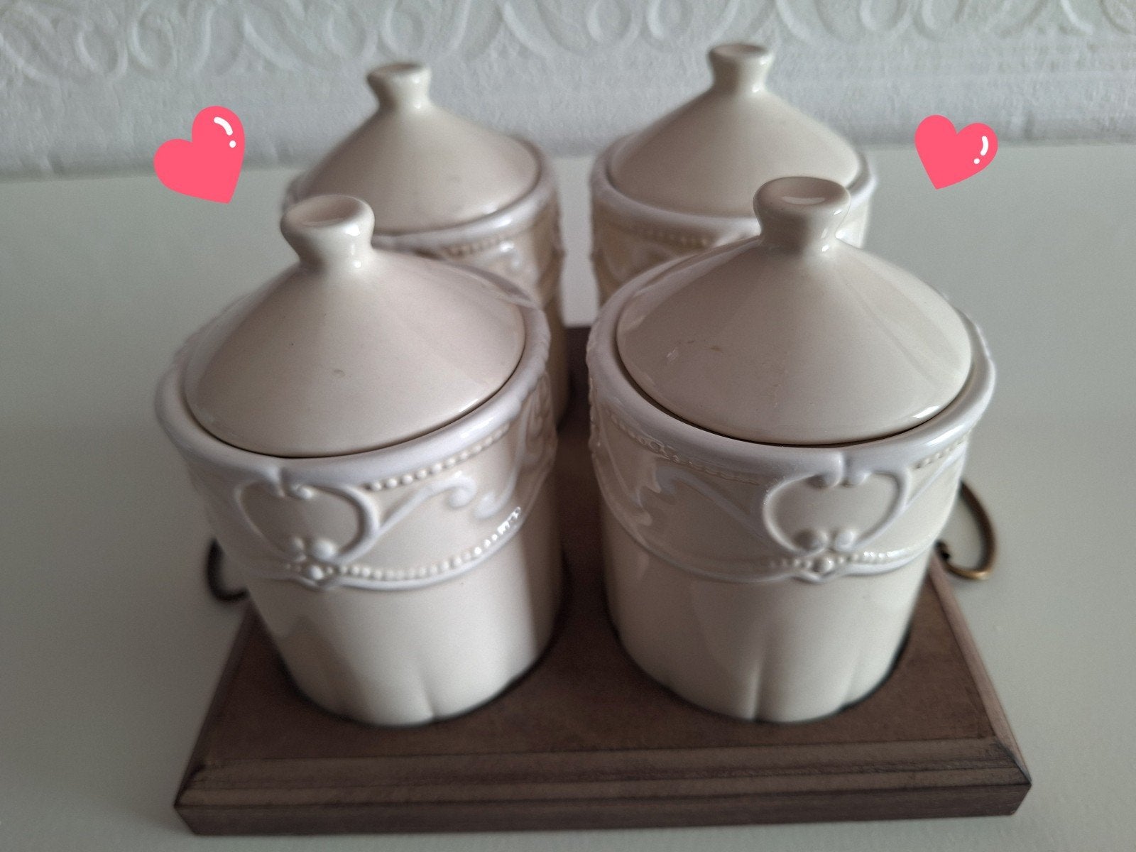 4 zeer mooie keramische/decoratieve beige potjes om barc.sau, Antiek en Kunst, Ophalen of Verzenden